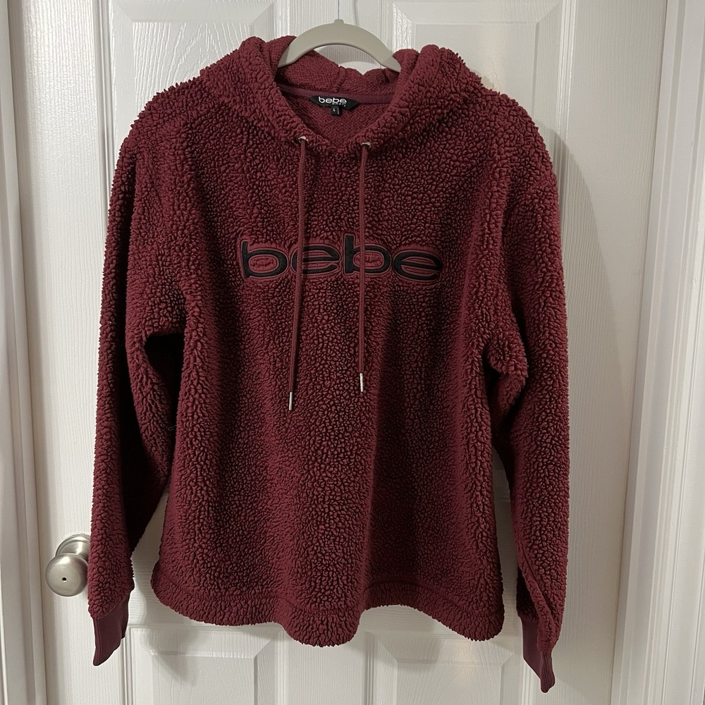 Bebe Sport Hoodie Polyester Borg Fleece Burgundy Embroidered Logo L Y2K Comfy